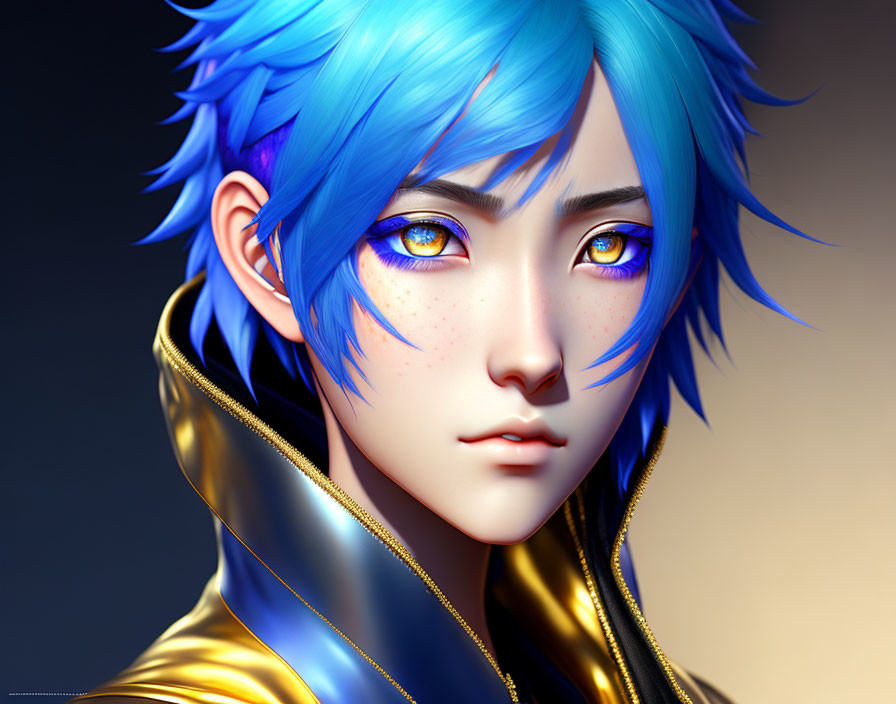 Portrait of a person with blue hair, blue eyes, freckles, and gold-trimmed