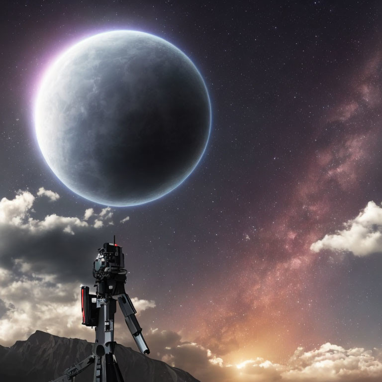 Telescope silhouette against twilight sky with large moon and stars