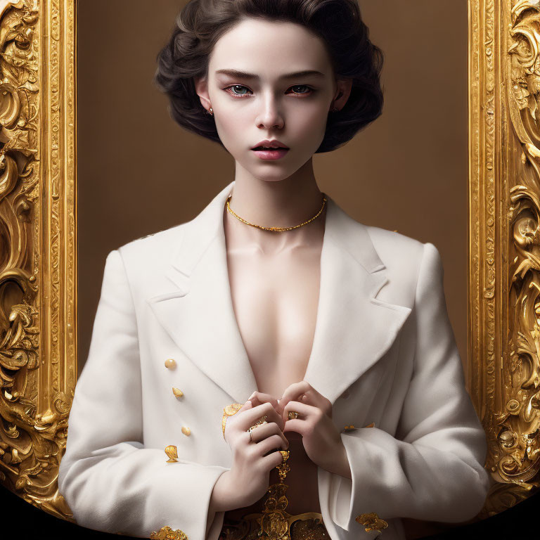 Sophisticated woman in white blazer with gold jewelry in ornate mirror.