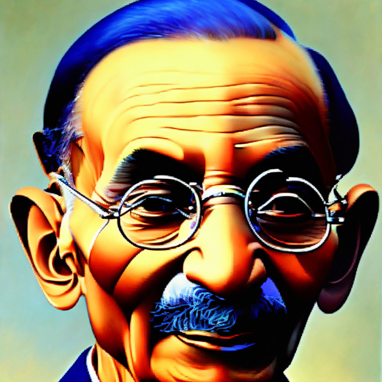 Elderly bald man with glasses and mustache in traditional dhoti caricature.