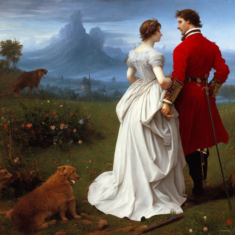 19th-Century Romantic Painting of Couple Holding Hands in Pastoral Landscape