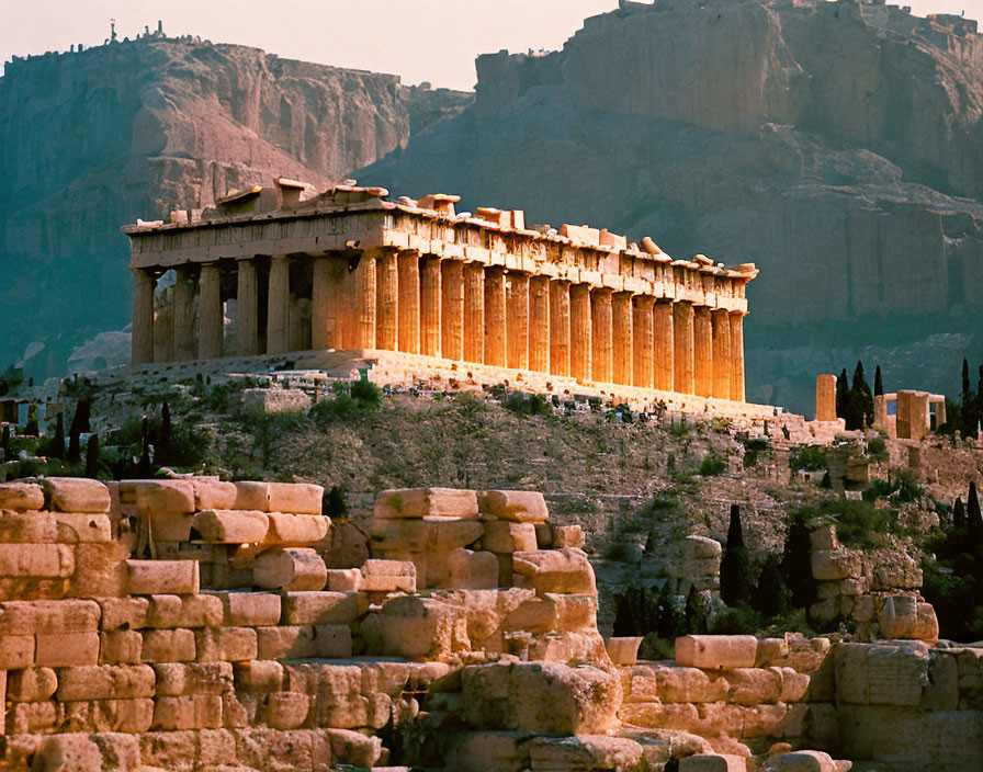 Ancient Parthenon Temple in Athens with Mountain Backdrop