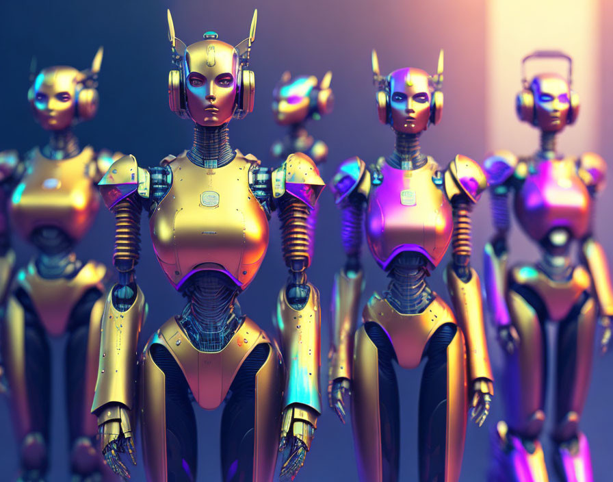 Sleek Gold and Purple Humanoid Robots in Row