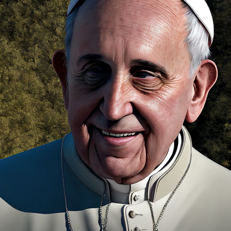 Smiling figure in white papal cassock and zucchetto with cross pendant on blurred background