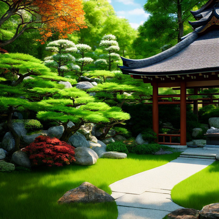 Tranquil Japanese garden with lush greenery and red torii gate