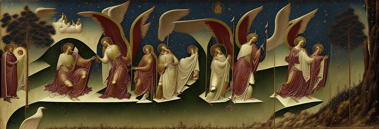 Angels with red and gold wings in night landscape