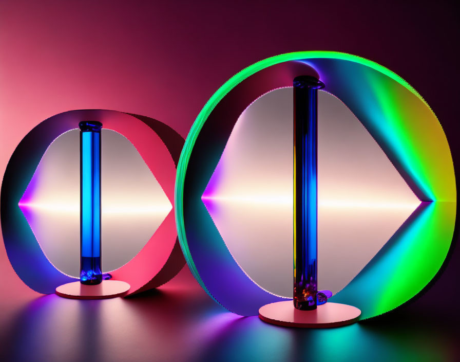 Circular neon light fixtures emitting colorful gradient glow on dark background