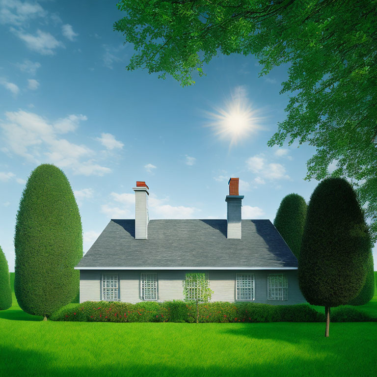 Gray-roofed house with white walls in landscaped garden under blue sky