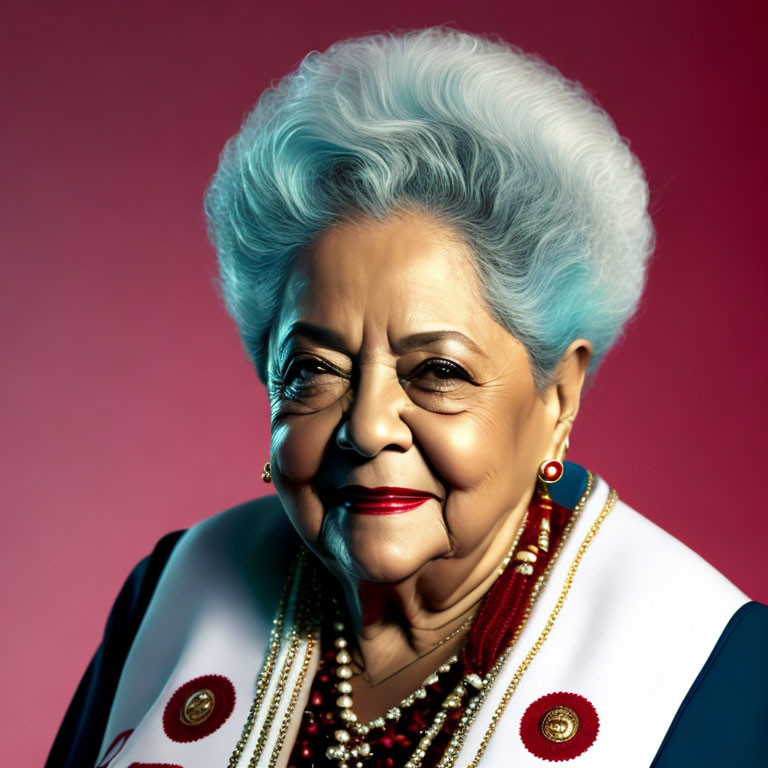 Elderly woman with blue-gray hair smiling in white blouse on pink background