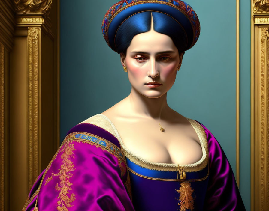 Digital art portrait of a woman in regal Renaissance attire with vibrant blue headpiece and purple gown.