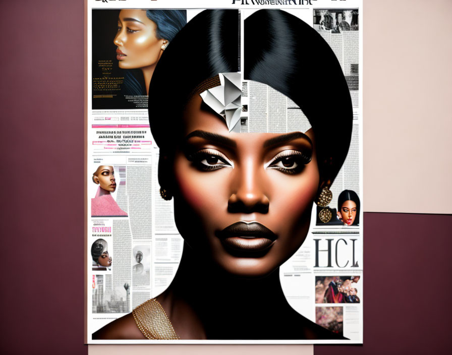 Digital poster of stylized woman with geometric hair accessory on magazine background