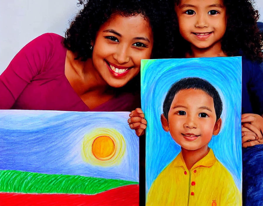 Smiling children showcase colorful landscape and self-portrait drawings