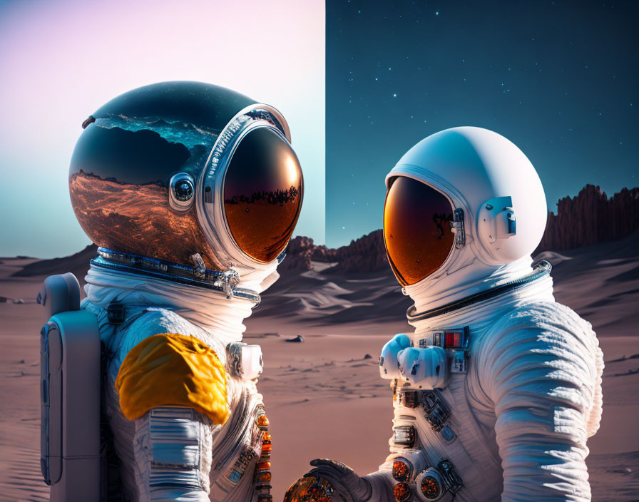 Astronauts in white space suits on sandy Martian terrain