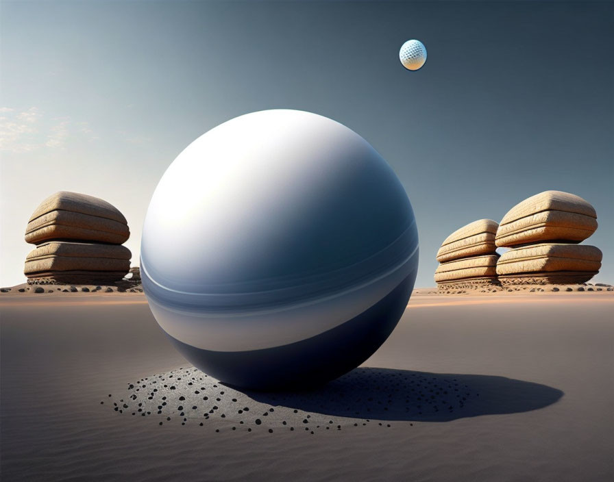 Surreal landscape with glossy spheres in desert setting