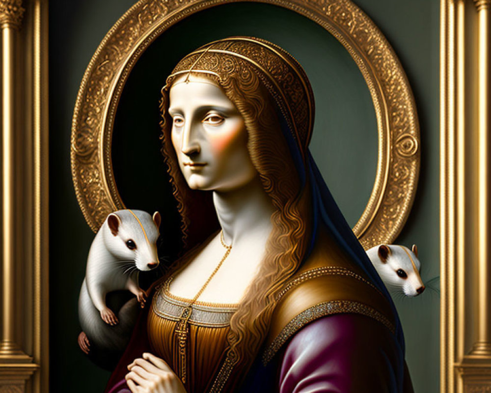 Digital artwork: Mona Lisa elements with woman in blue and purple garment, two weasels on shoulders