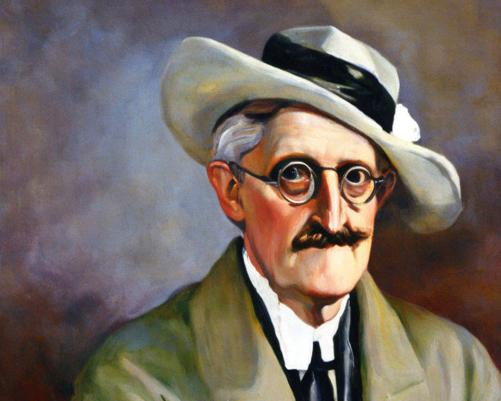 Portrait of a man with white hat, round glasses, mustache, coat, and tie on brown