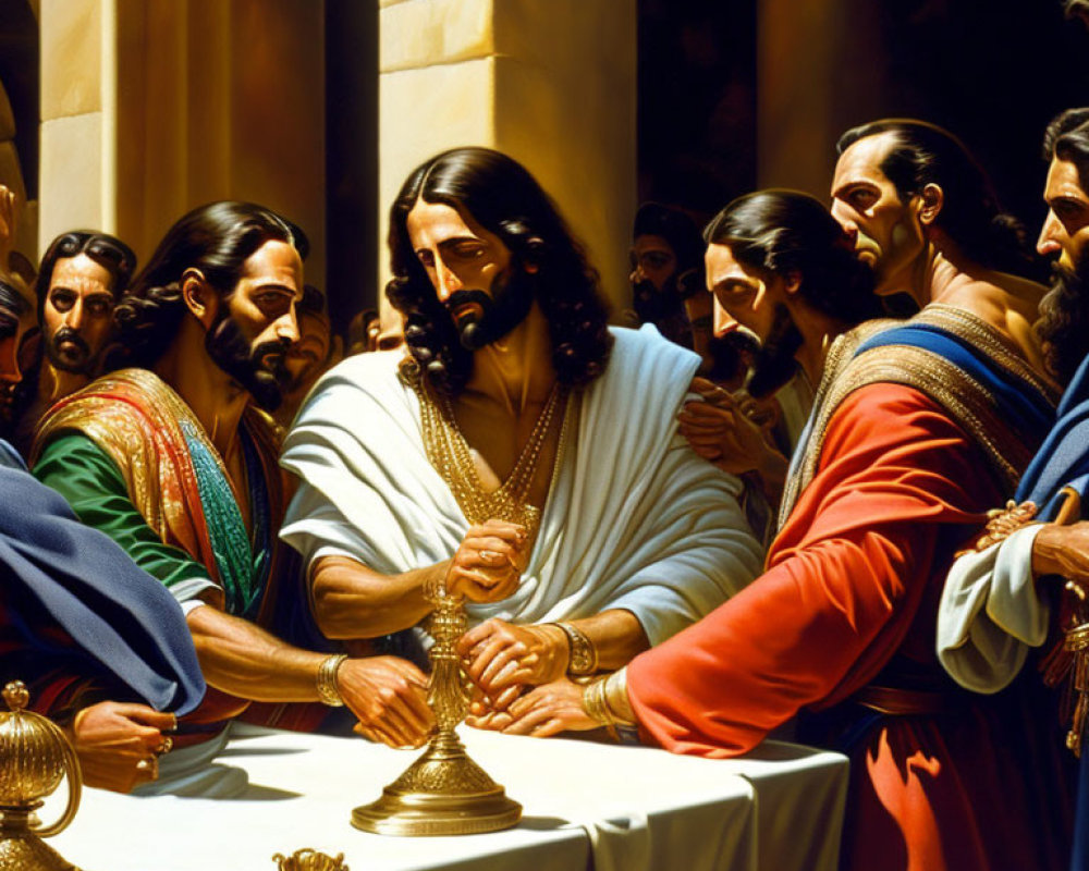 Men in Ancient Attire Gathered Around Table Depicting Historical or Religious Event