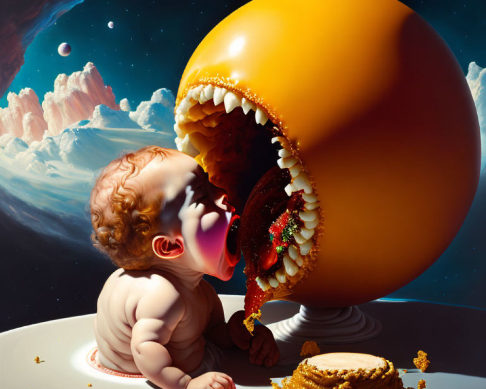 Surreal image: infant, giant half-eaten fruit, cosmic backdrop