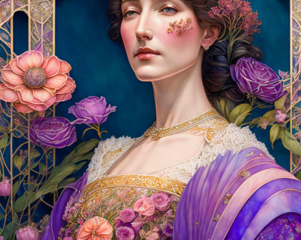 Detailed Portrait of Woman with Flower Face and Purple Robe