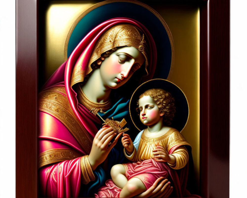 Religious artwork of Virgin Mary and Child Jesus in vibrant colors