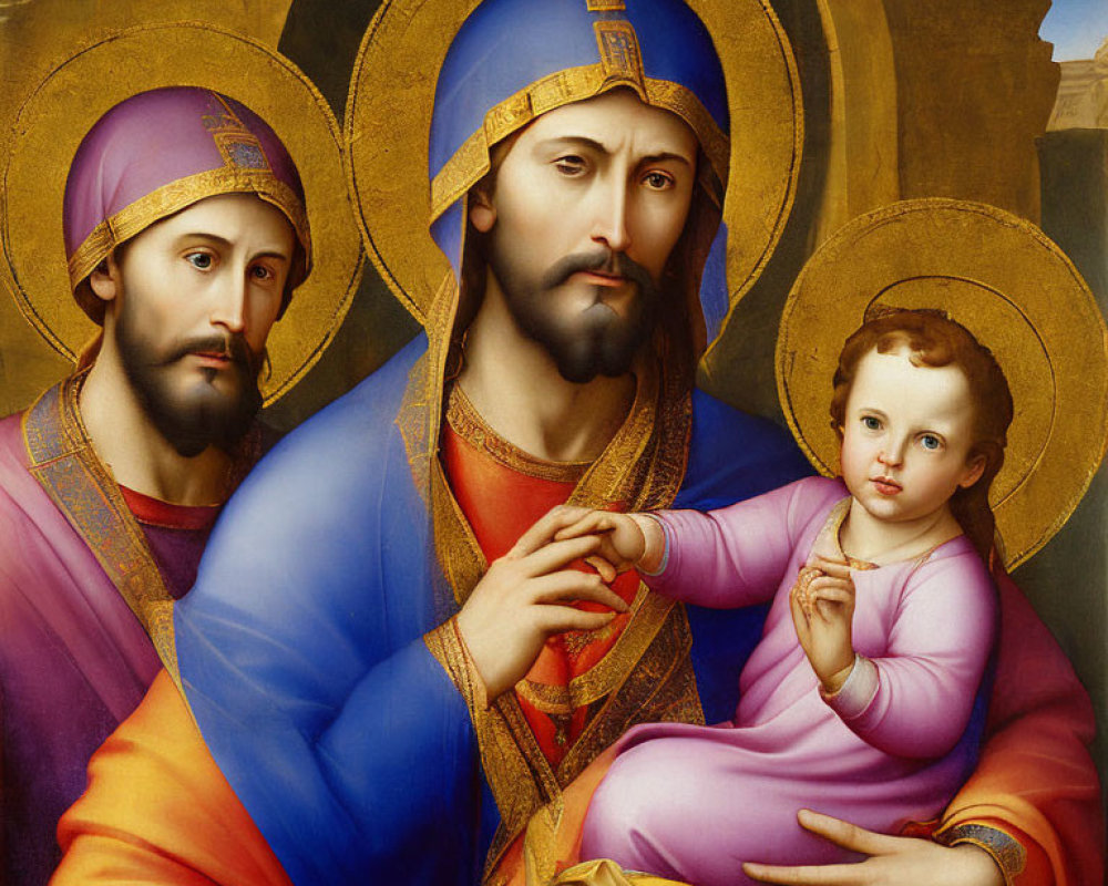 Religious painting with three haloed figures: central bearded man in blue and red robes holding child