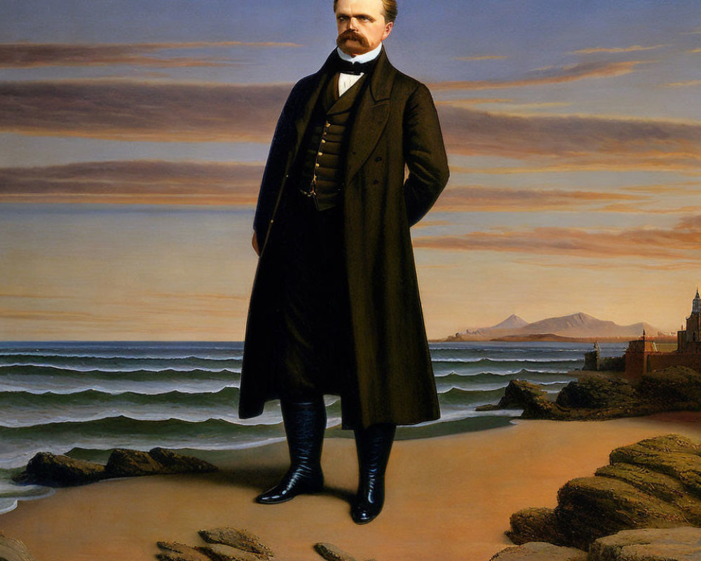 Man in 19th-Century Suit on Beach at Sunset