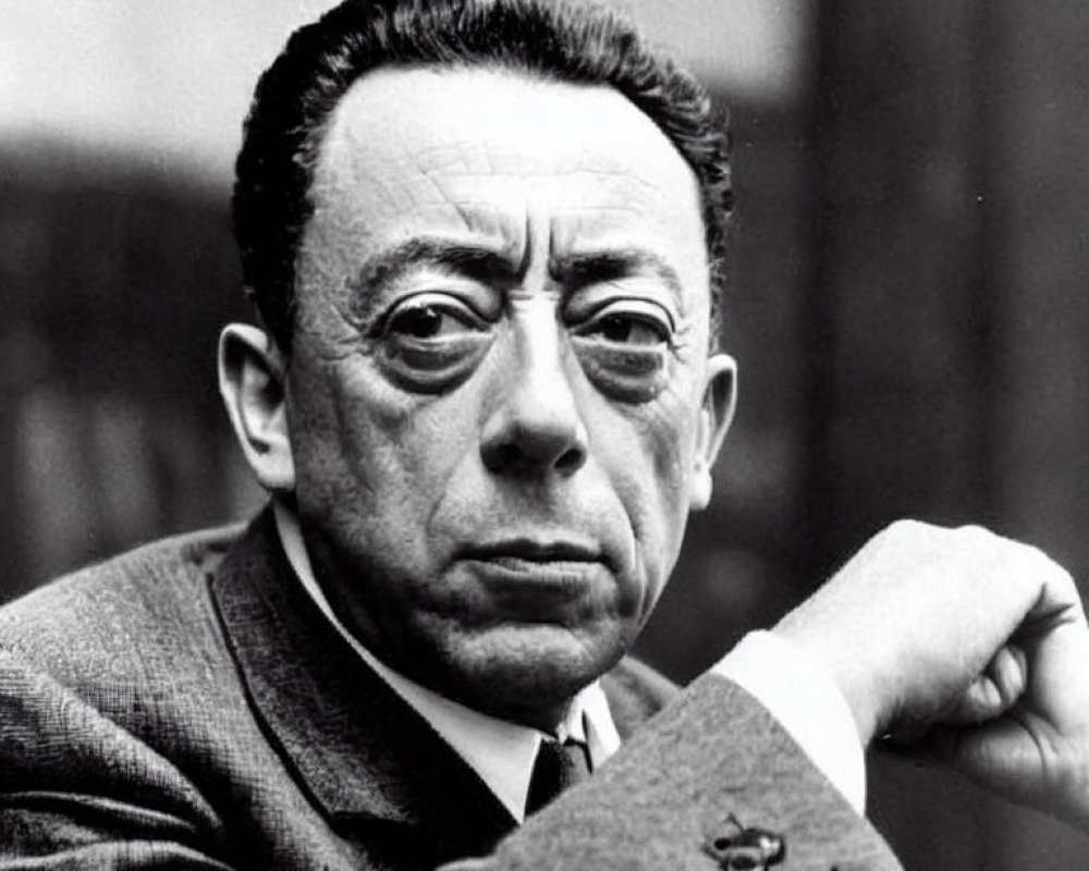 Middle-aged man in suit and tie with solemn expression in black and white photo