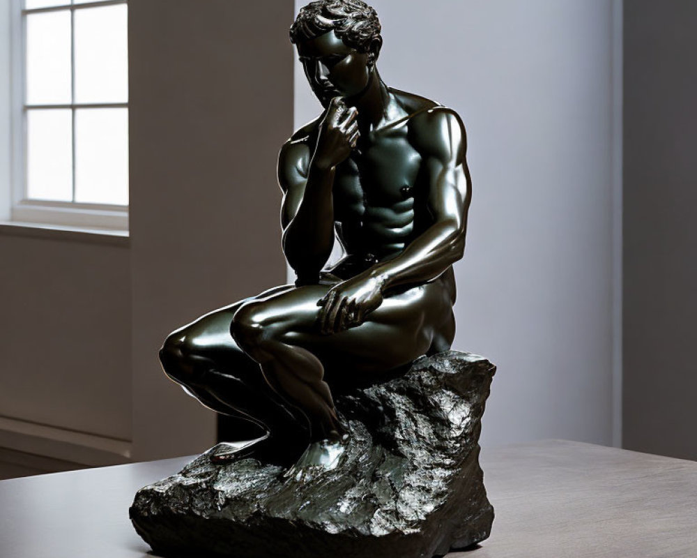 Bronze sculpture of male figure seated on rock in room with window light