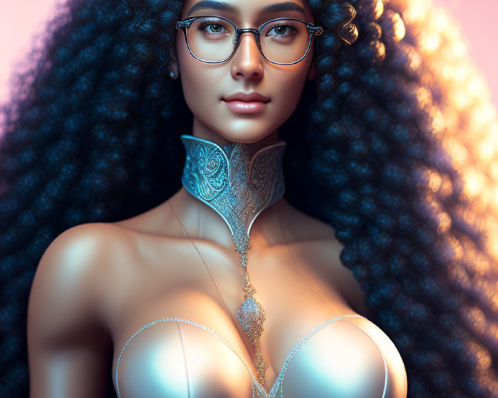 Digital artwork: Woman with long curly hair, glasses, ornate choker on pink background