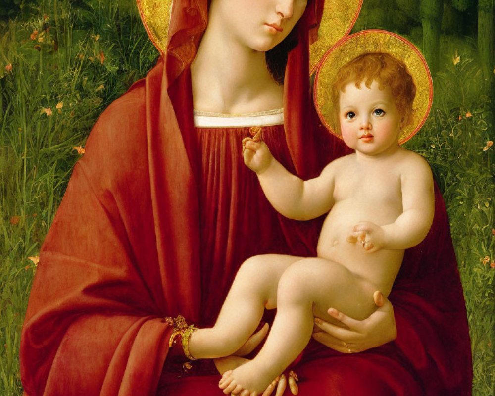 Religious painting of Virgin Mary and baby Jesus in red cloak on green meadow