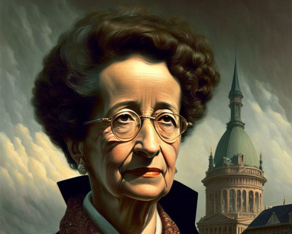 Elderly woman with glasses and serious expression, ornate collar, with domed building.