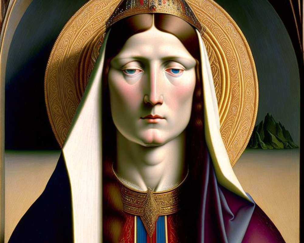 Digitally enhanced painting of solemn female figure with golden halo and crown against dark background.