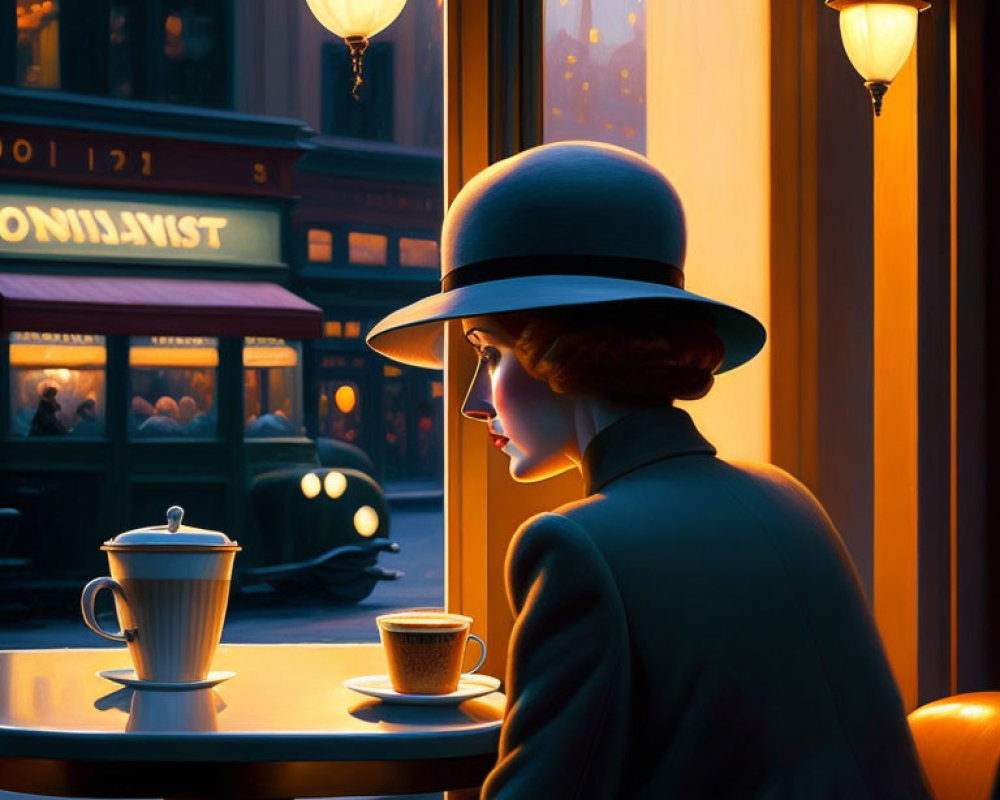 Stylish woman in hat at café table with coffee cup, evening ambiance.