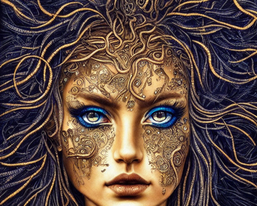 Detailed Artwork of Woman with Blue Eyes and Golden Mechanical Patterns