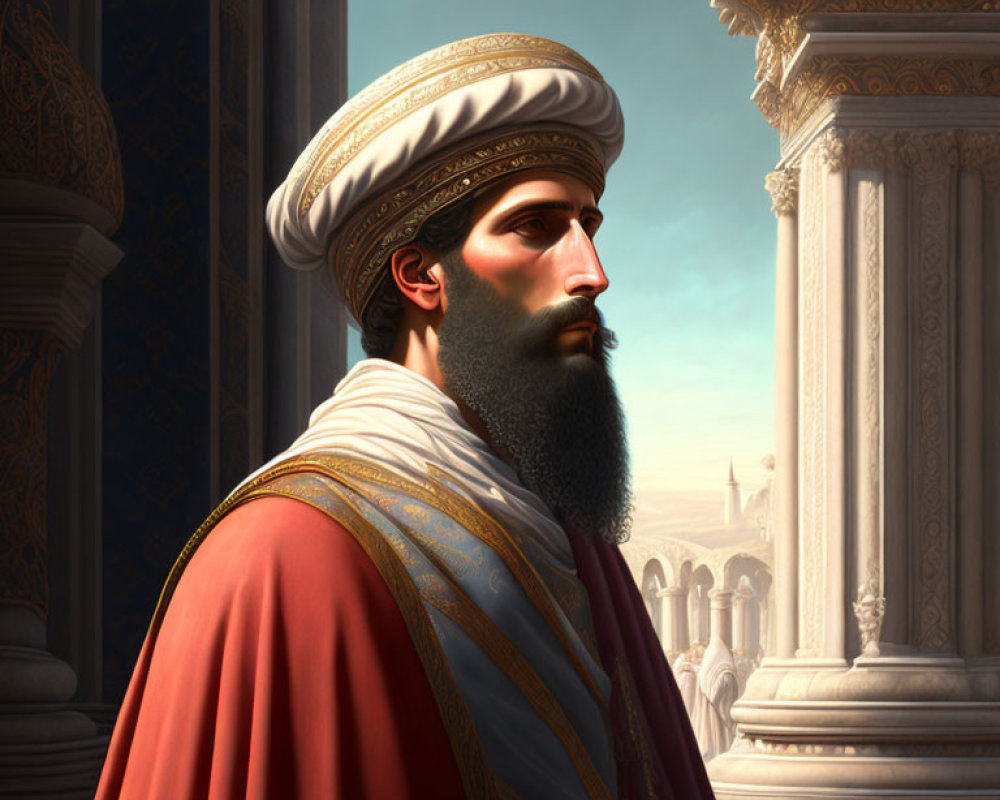 Historically dressed bearded man in turban gazes pensively against ancient backdrop