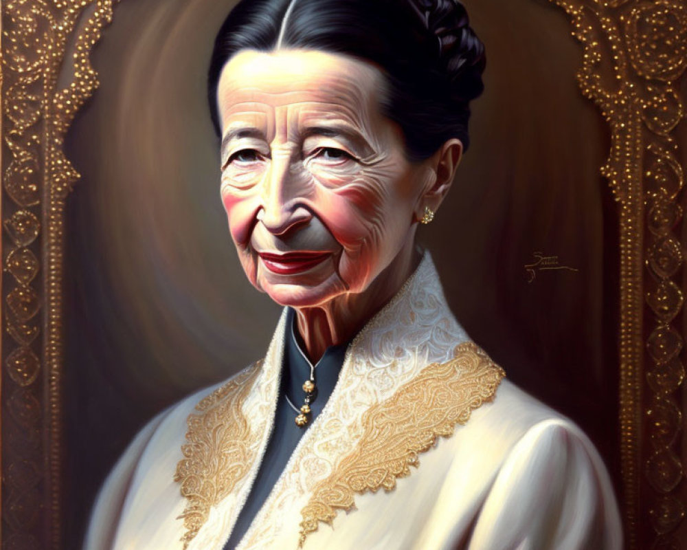 Elderly Woman Portrait in Cream Outfit and Elegant Updo