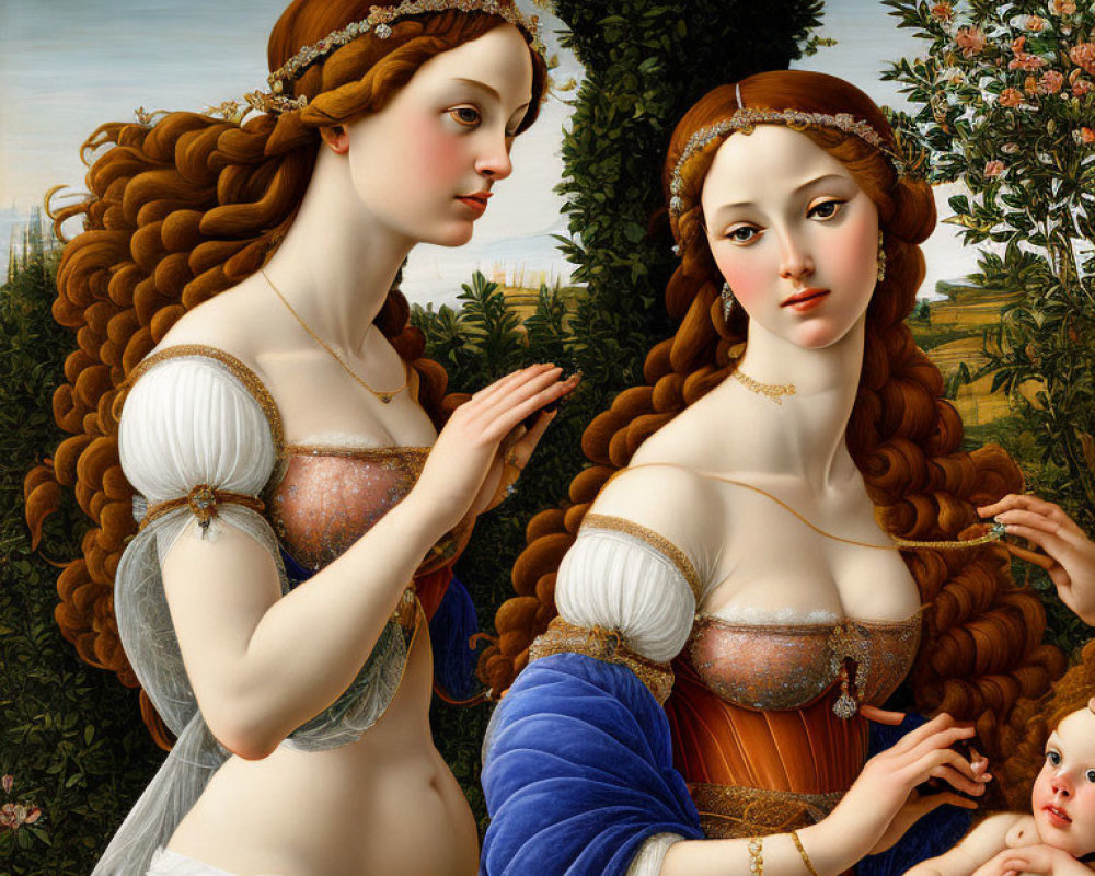 Two Women in Renaissance Attire with Elaborate Hairstyles and Baby in Realistic Detail Amidst