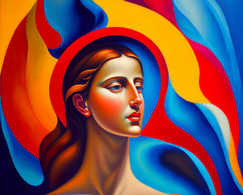 Colorful Abstract Painting of Woman with Flowing Shapes in Red, Blue, and Yellow