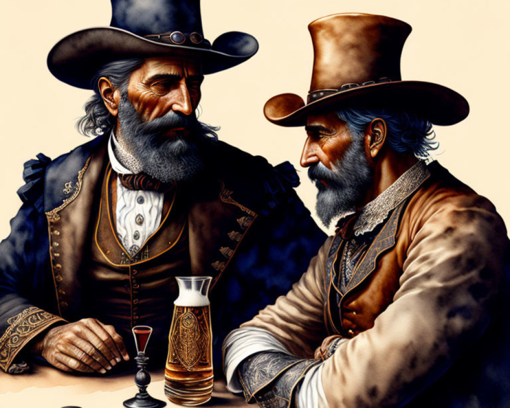 Illustrated cowboys in period attire playing cards at a table