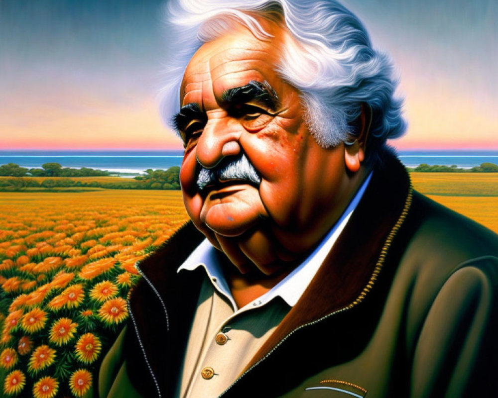 Elderly man with white hair and mustache in front of sunflowers and blue sky