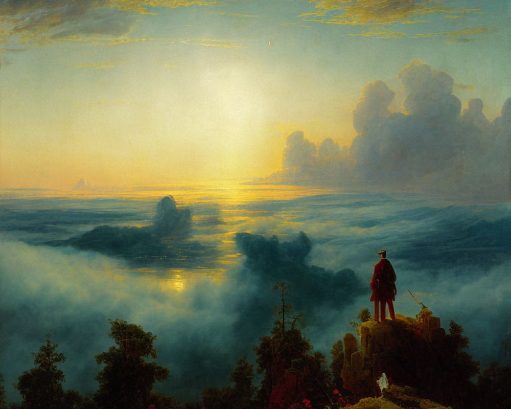 Person on Peak Overlooking Golden Sky & Cloud Sea