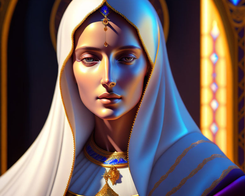 Regal woman portrait with white headscarf and sapphire jewel