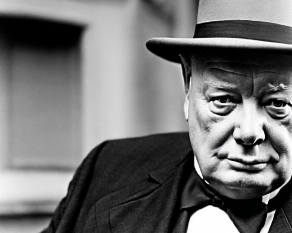 Serious man in dark suit and bowler hat staring at camera