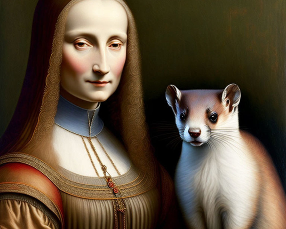 Classic meets modern in digital artwork with Mona Lisa and realistic weasel.