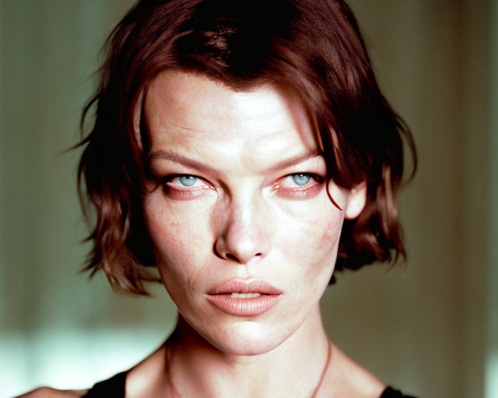 Portrait of Woman with Short Dark Hair and Intense Blue Eyes