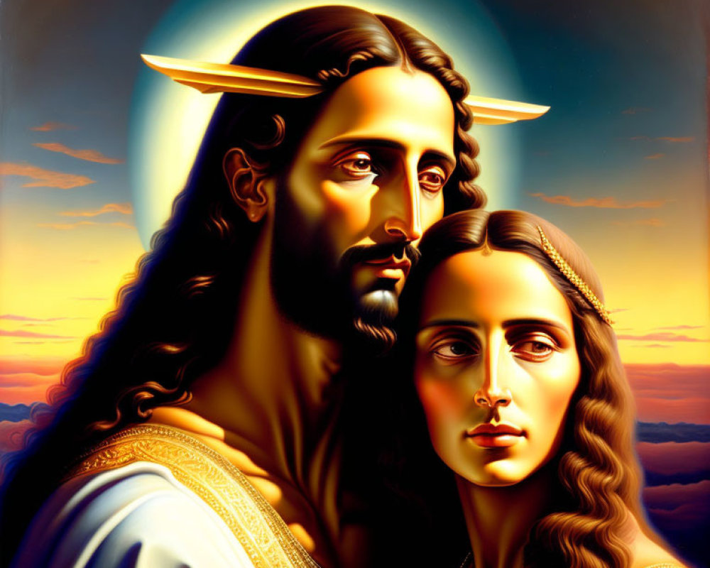 Stylized portrait of man and woman with halos against sunset sky