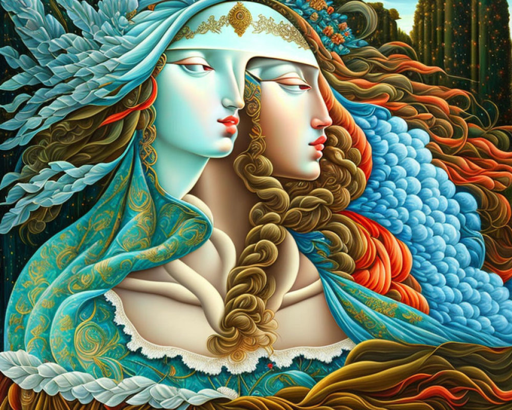 Vibrant illustration of two women with intertwined hair and feathered clothing