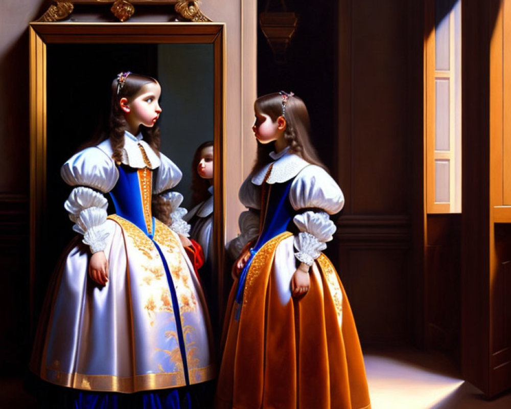 Two girls in historical dresses in opulent room with mirror