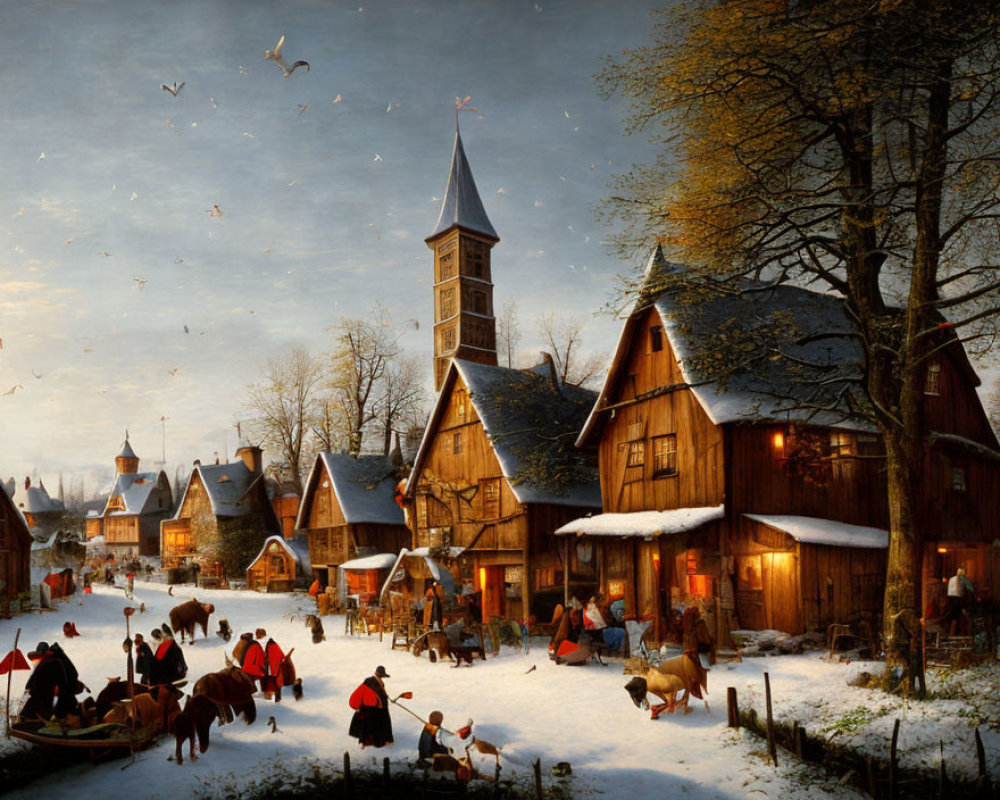 Snowy village scene with horse-drawn carriage, birds, and quaint houses at twilight