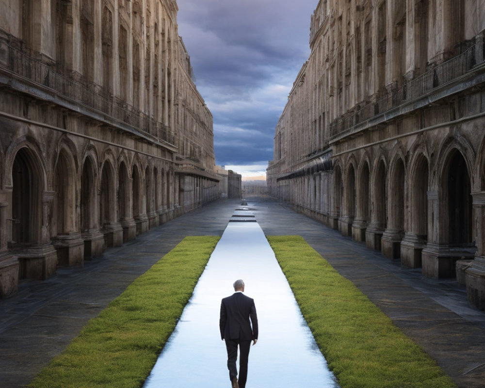 Man in suit walking on surreal path between symmetrical buildings